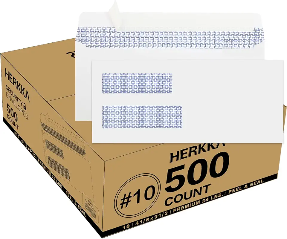 500 Pack #10 Double Window Security Self-Seal Envelopes - Suitable Size for Multiple Business Statements, Quickbooks Invoices, and Return Envelopes, Size 4-1/8 x 9-1/2 - White - 24 LB