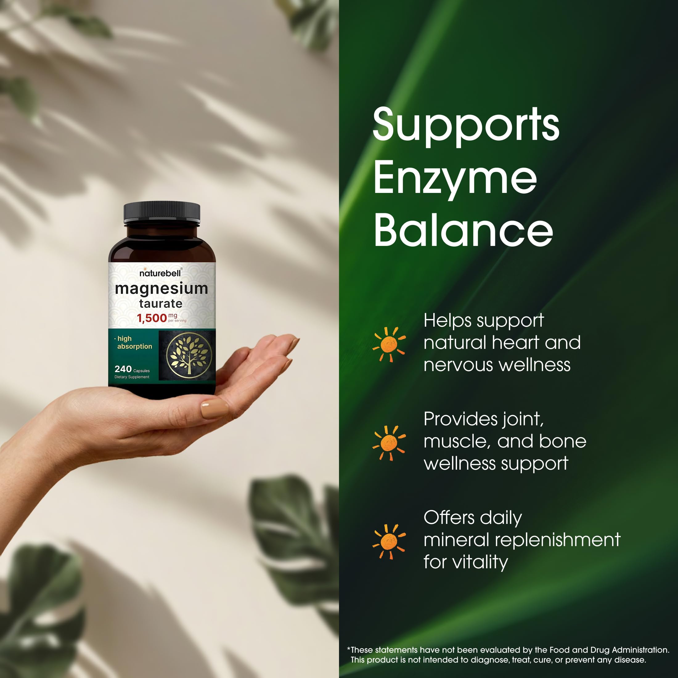 NatureBell Magnesium Taurate - 240 Capsules - 1,500mg High Absorption Chelated Formula - with Amino Acid Taurine - Heart Health, Nervous System, Muscle & Bone Health Support* — Amazon image 4