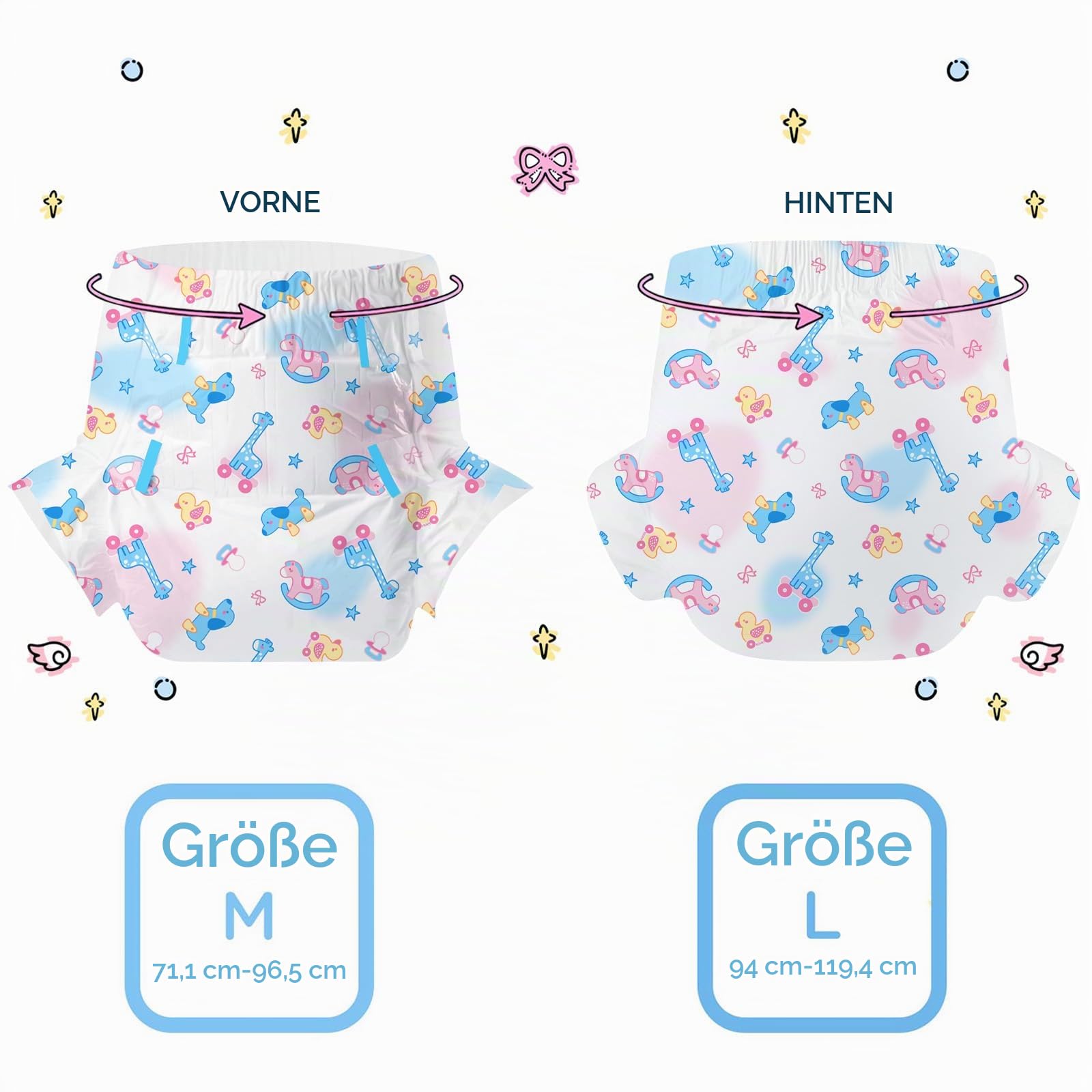 CutiePlusU Windeln für Erwachsene 10 Stück, Einweg-Inkontinenzslip mit Laschen für Frauen und Männer, maximale Saugfähigkeit über Nacht- Rocking Fun (Mittel 28"-38")