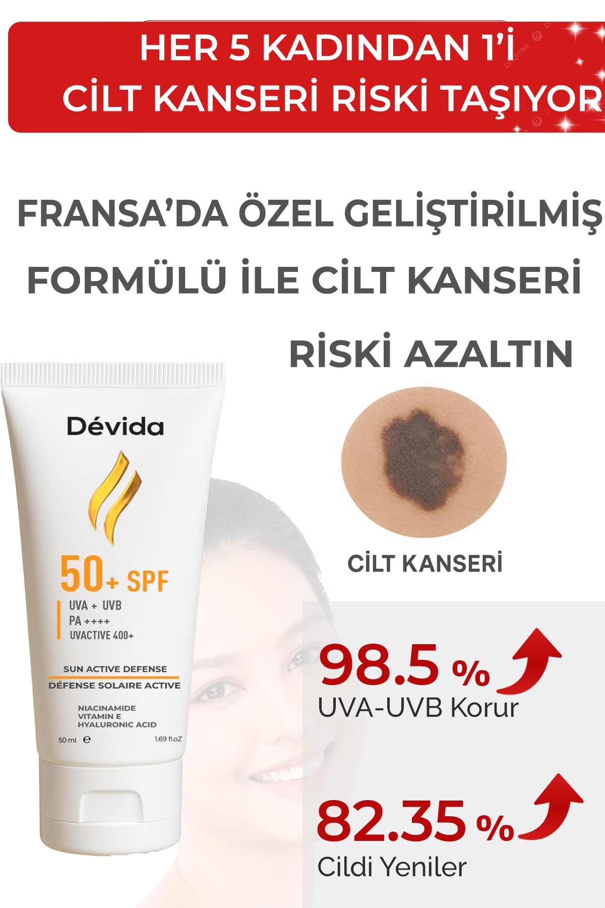 Dévida Güneş Kremi Cilt Lekesi Önleyici SPF 50+ UVA UVB Koruyucu UvActive 400+ Krem