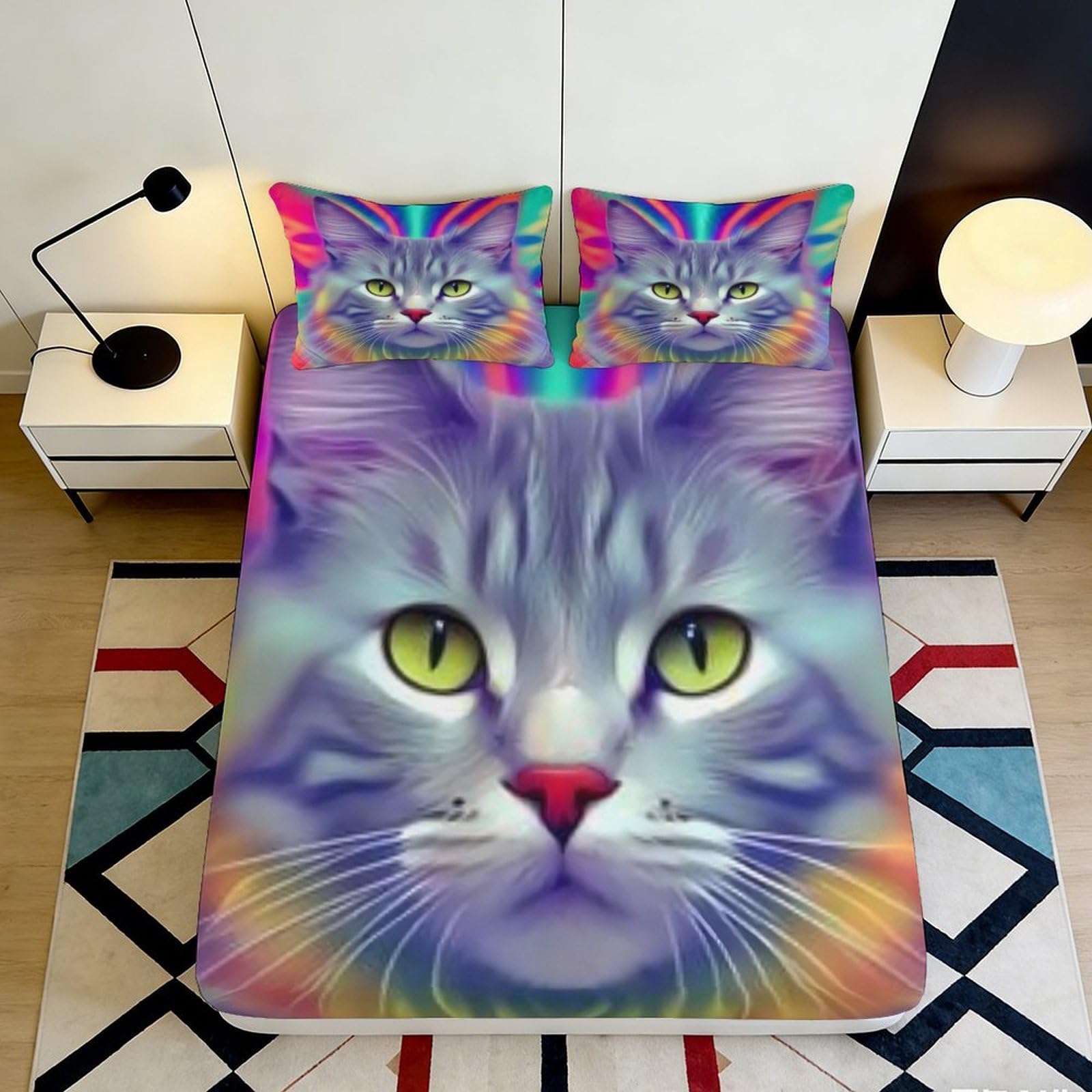 3D Printed vibrant cat pattern Fitted Sheet, Microfiber soft touch, wrinkle resistant, apartment bedding, guest room decor, easy care, dustproof, stylish accent 90x200x25cm