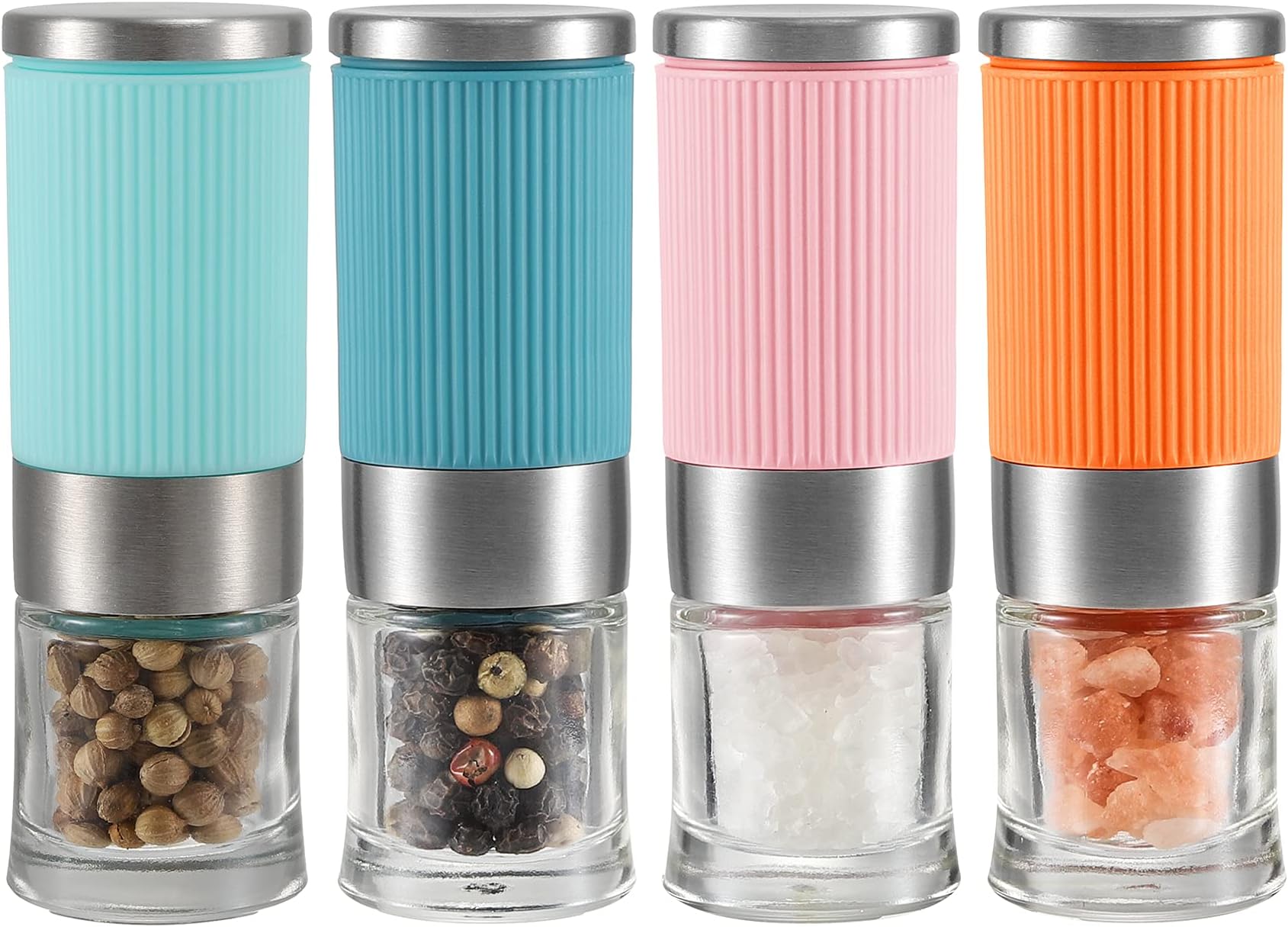 Vevok Chef 4pcs Colorful Mini Size Salt and Pepper Grinder, Adjustable Coarseness, Portable Travel Set Pepper Mills Refillable Peppercorn Ceramic Grinder