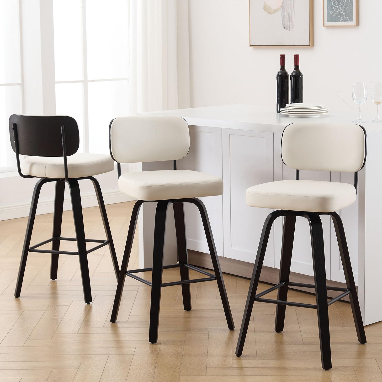 Bekrvio Swivel Bar Stools Set of 3 Cream White Black Frame