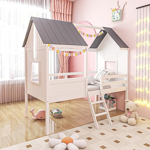 Miniatura 9 de Giantex Marco de cama individual para niños, base de cama baja con techo, ventanas laterales y escalera, soporte de listones de madera para niñas,