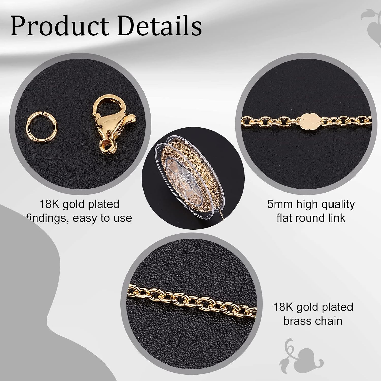 Beebeecraft 32.8 Feet 18K Gold Plated Chains for Jewelry Making Flat Round Link Cable Chain with 20 Lobster Claw Clasps and 50 Jump Rings