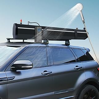 Camping Dusche mit Pumpe, Dachträger Druck Wassertank 30L, Außendusche Solar mit Luftpumpe, Duschbrause und Schlauch, Montage auf Dachträger für Geländewagen, Pickups und SUVs