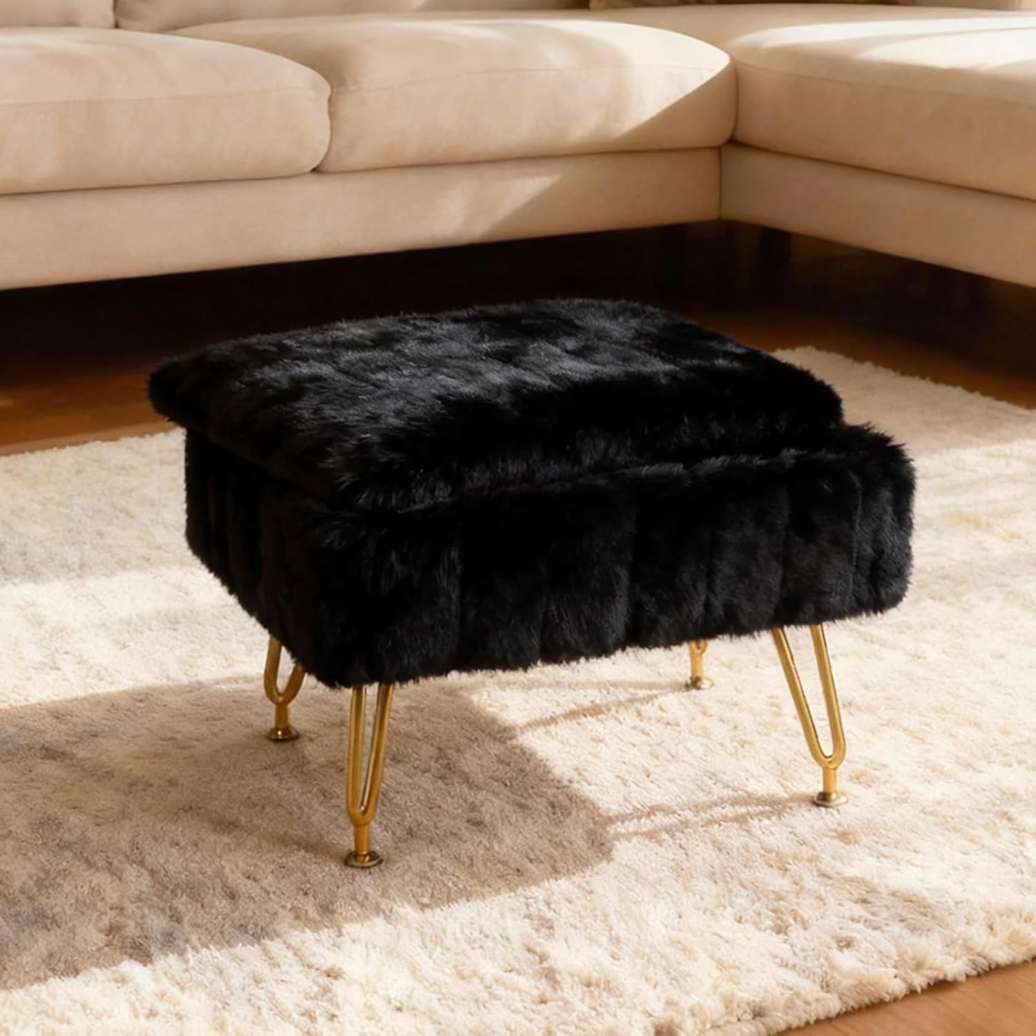 ACEQLYT® Small Storage Ottoman Foot Stool with Metal Legs and Padded Seat, Cute Plush Black Foot Rest for Couch and Chair
