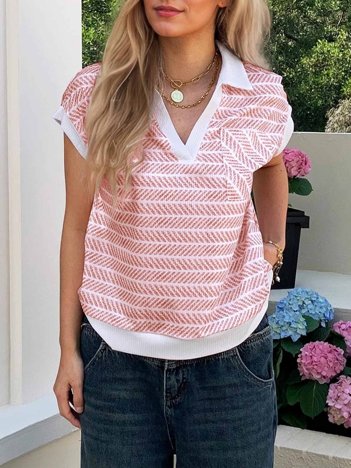 Women's Dressy Casual Tops Business Work Blouses White Striped Lapel Collar Shirts Cap Sleeve V Neck Tshirt - Image 2