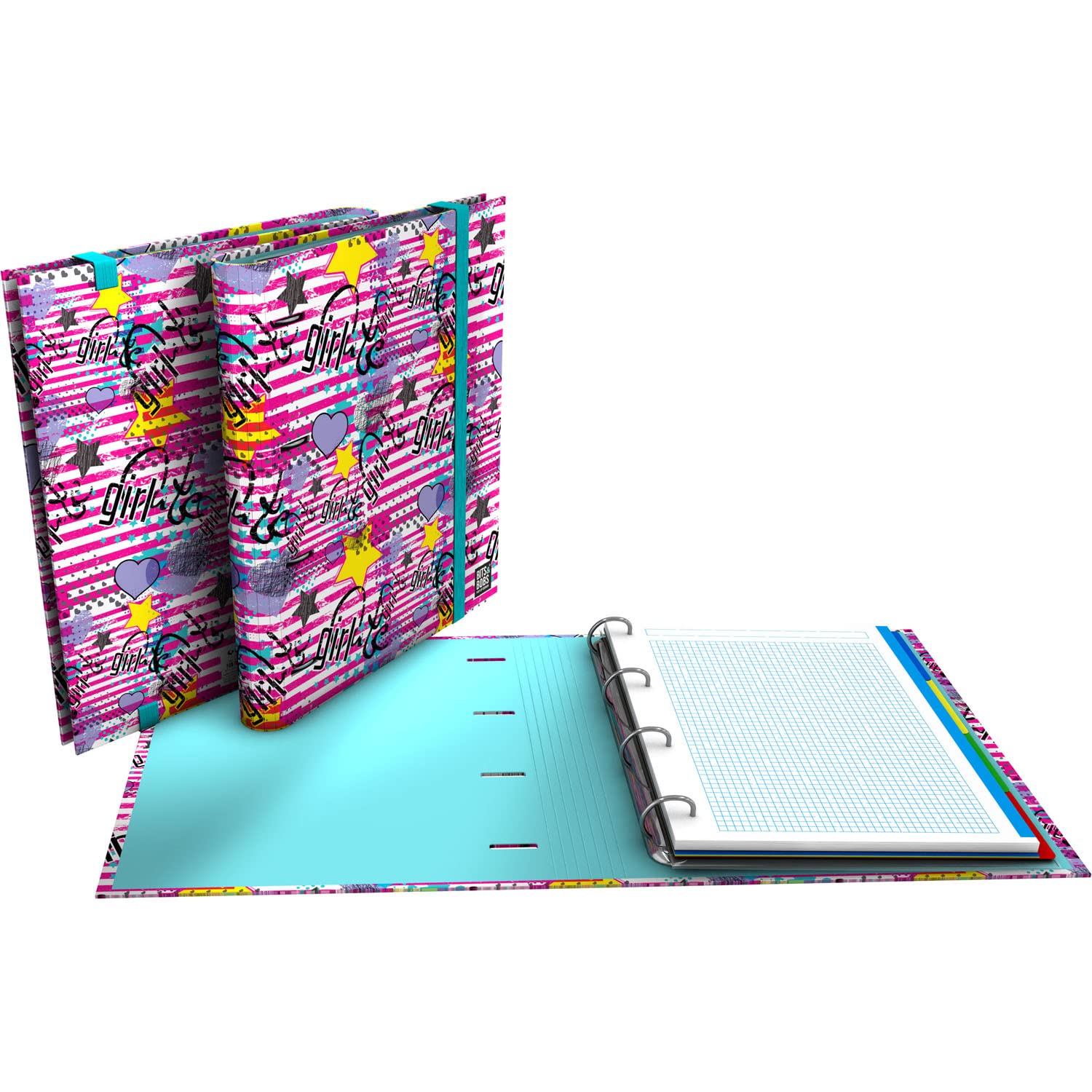 Grafoplás | 4 Ring Binder with Refill | A4 | Includes 100 Grid 5x5 Sheets | Dividers | Clear Envelope | Bits & Bobs Pop Up Design | Girl | Carpebook | FSC
