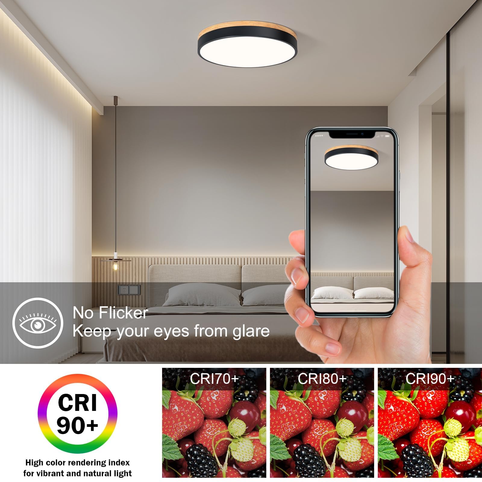 Plafon Led Techo, Plafon Techo Negro, 4000K, 36W, Ø40 cm | Moderna Lampara Techo Madera, para Dormitorio, Sala de Estar, Comedor, Cocina, Pasillo