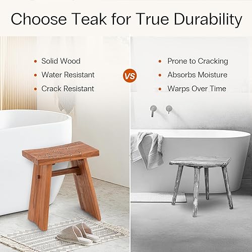 Miniatura 5 de StrongTek Taburete de ducha de teca, banco de baño de madera de teca maciza preaceitada de 18 pulgadas para baño, spa y hogar, asiento ergonómico