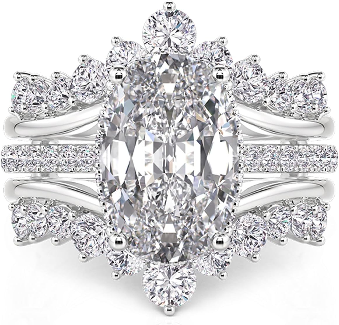 Jeulia Gorgeous Twist Design Wedding Ring Set for Women; 925 Sterling Silver Oval CZ Crystal Inset Puzzle Bridal Ring Set 2PCS Stackable Ring Band Romantic Anniversary Jewelry Gift with Box