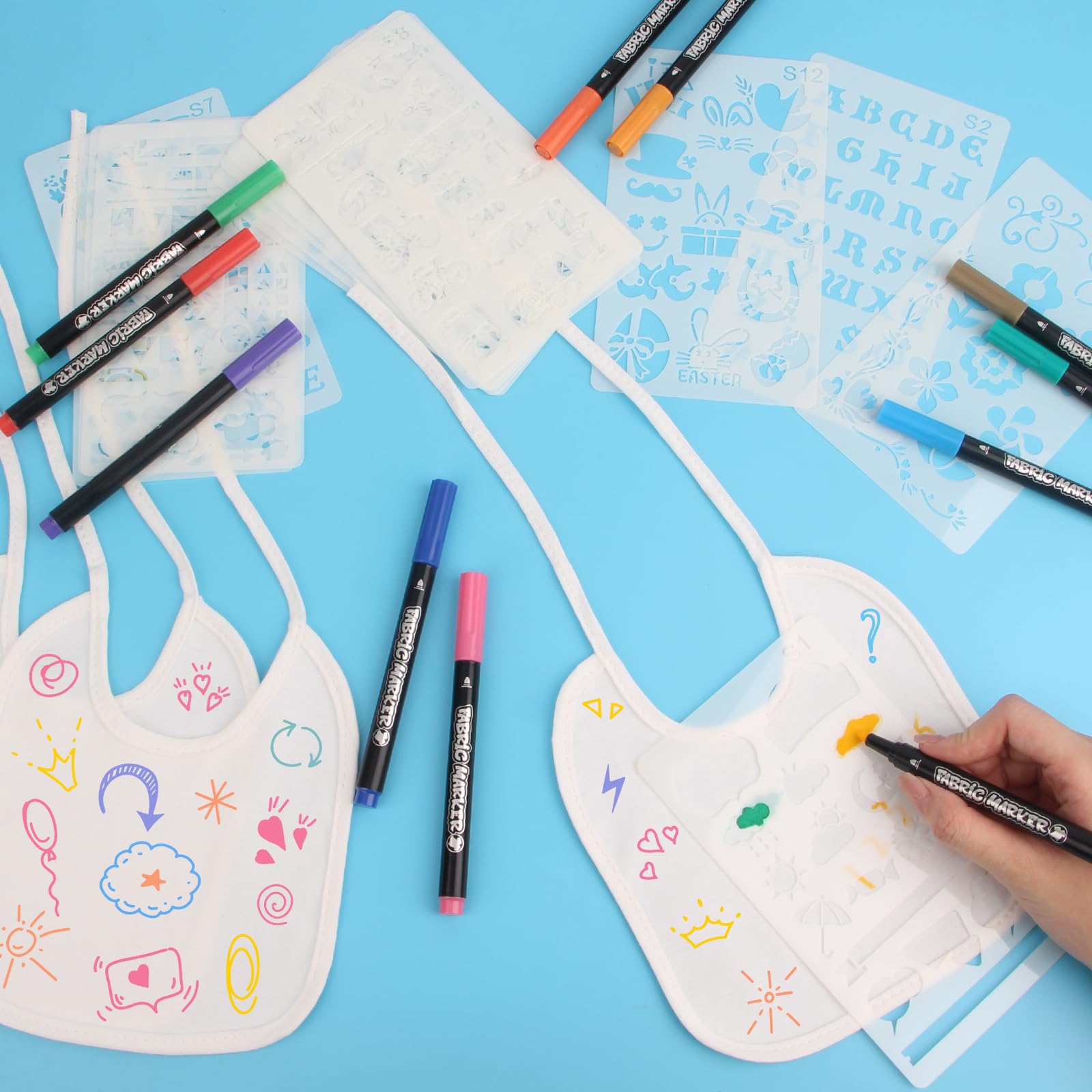 16 baberos para pintar, baberos blancos con 16 plantillas y 12 lápices textiles, impermeables, 100% algodón, pañuelo para el cuello para baby shower, juegos para niños y niñas