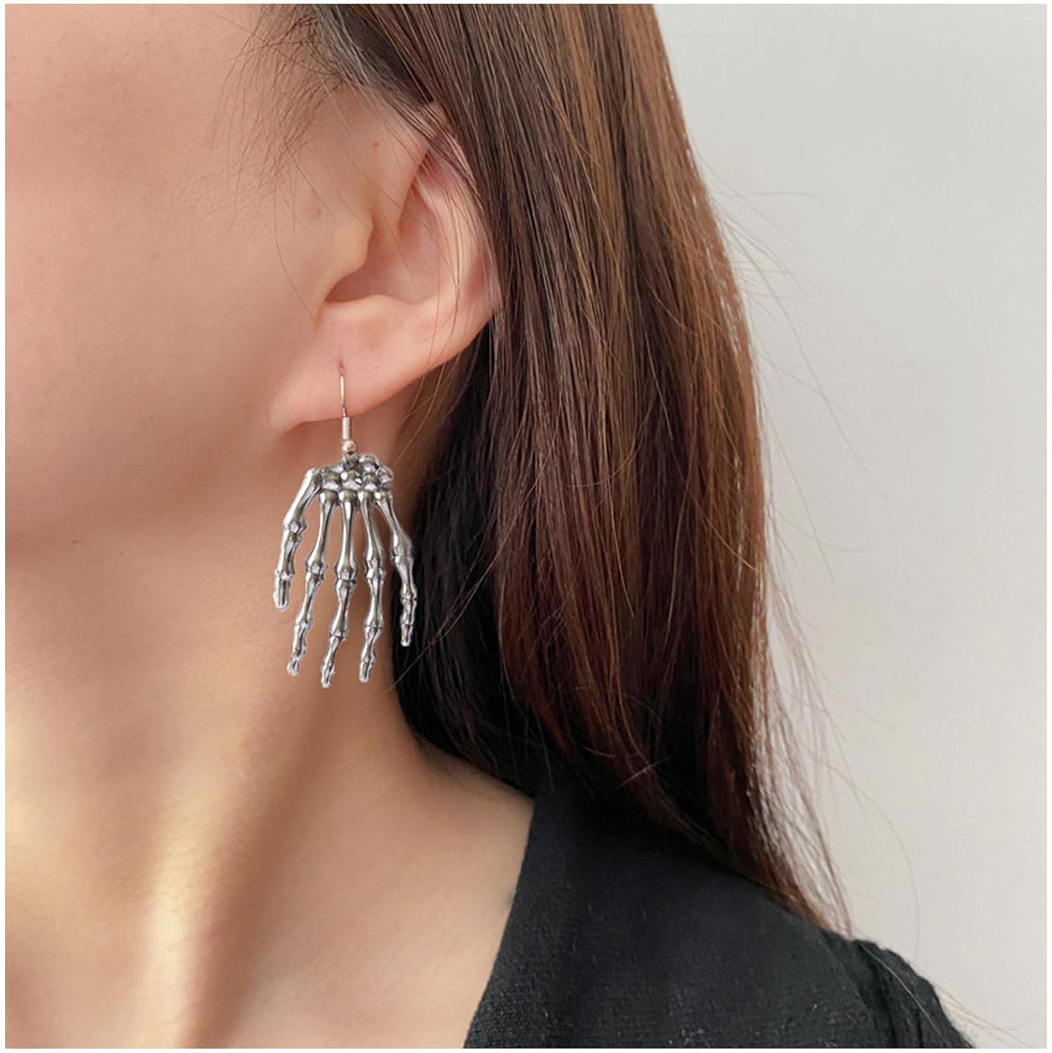 Punk Skull Hand Drop Earrings Silver Skeleton Hand Dangle Earrings Gothic Skull Hand Hook Earrings Skeleton Finger Hand Earrings Jewelry for Women - Image 2