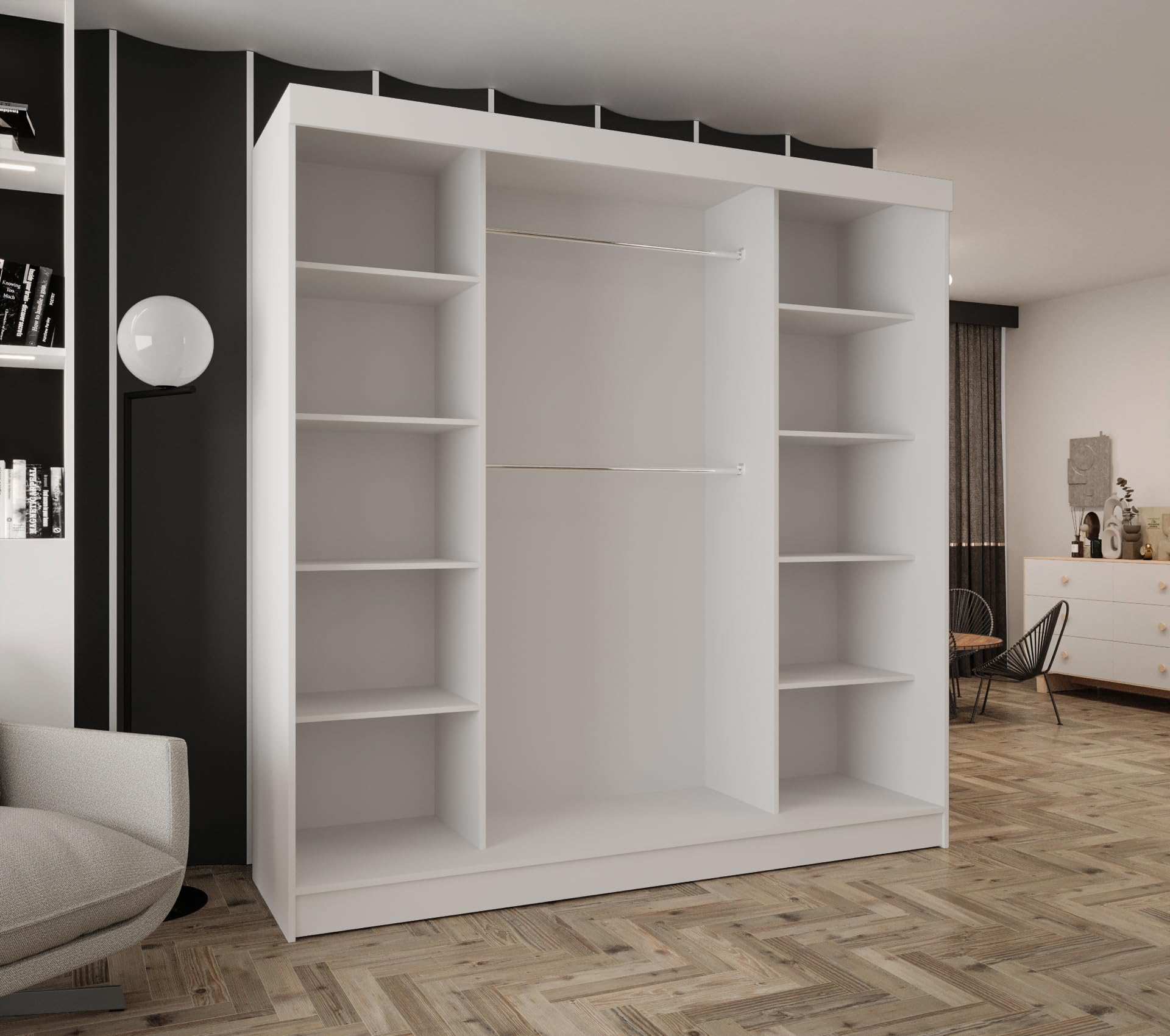 Kleiderschrank mit Schiebetüren 170cm breit Weiß 170x205 cm | 2 Kleiderstangen, Ohne Schubladen, MDF Platte, Inklusive Montageset, Mit Einlegeböden, Viel Stauraum, Praktische Aufteilung