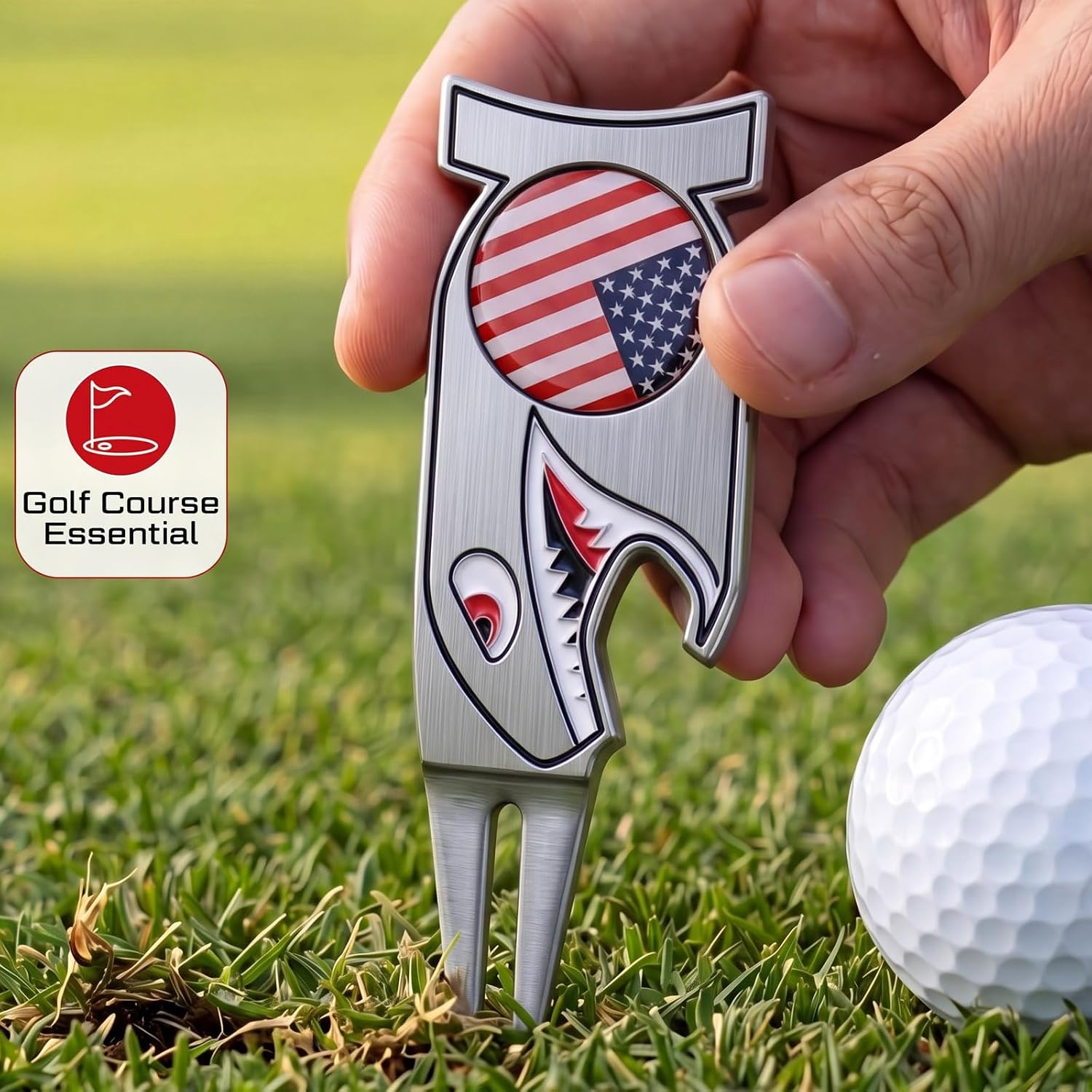 Poen 3 Pack Golf Divot Tool Set, 4 in 1 Shark Design Pitch Mark Repair Forks with American Flag Ball Markers, Magnetic Bottle Opener Golf Accessories Gifts for Men