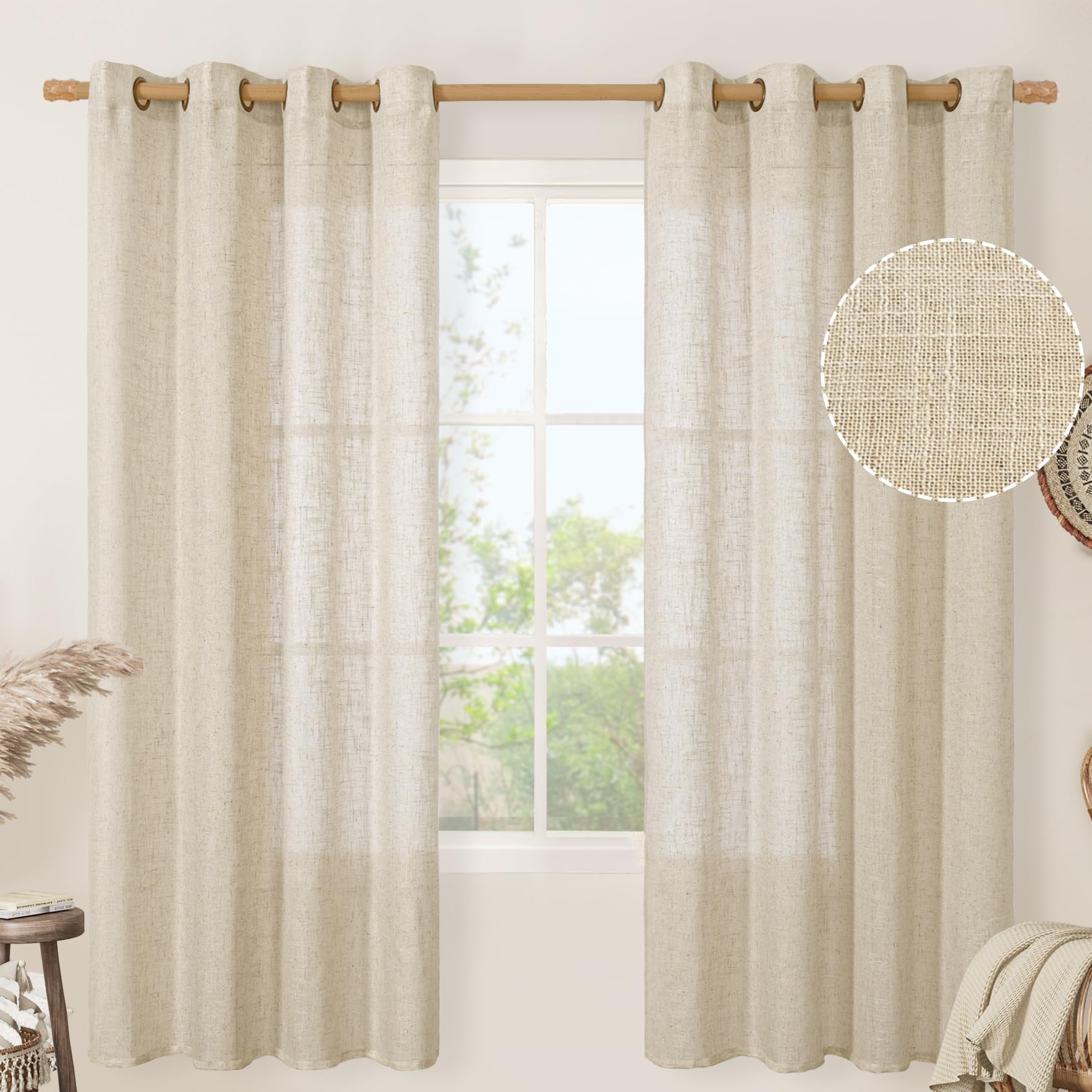 LAMIT Linen Curtains 72 inches Long for Living Room, Soft Thick Linen Semi Sheer Light Filtering Bronze Grommet Window Treatments Neutral Drapes for