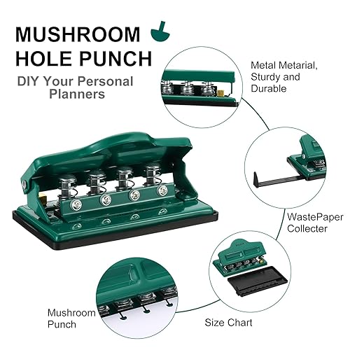 Miniatura 5 de PATIKIL Perforadora de agujero de disco de hongos, perforadora de 4 agujeros para planificador encuadernado en disco, perfora hasta 5 papeles (verde
