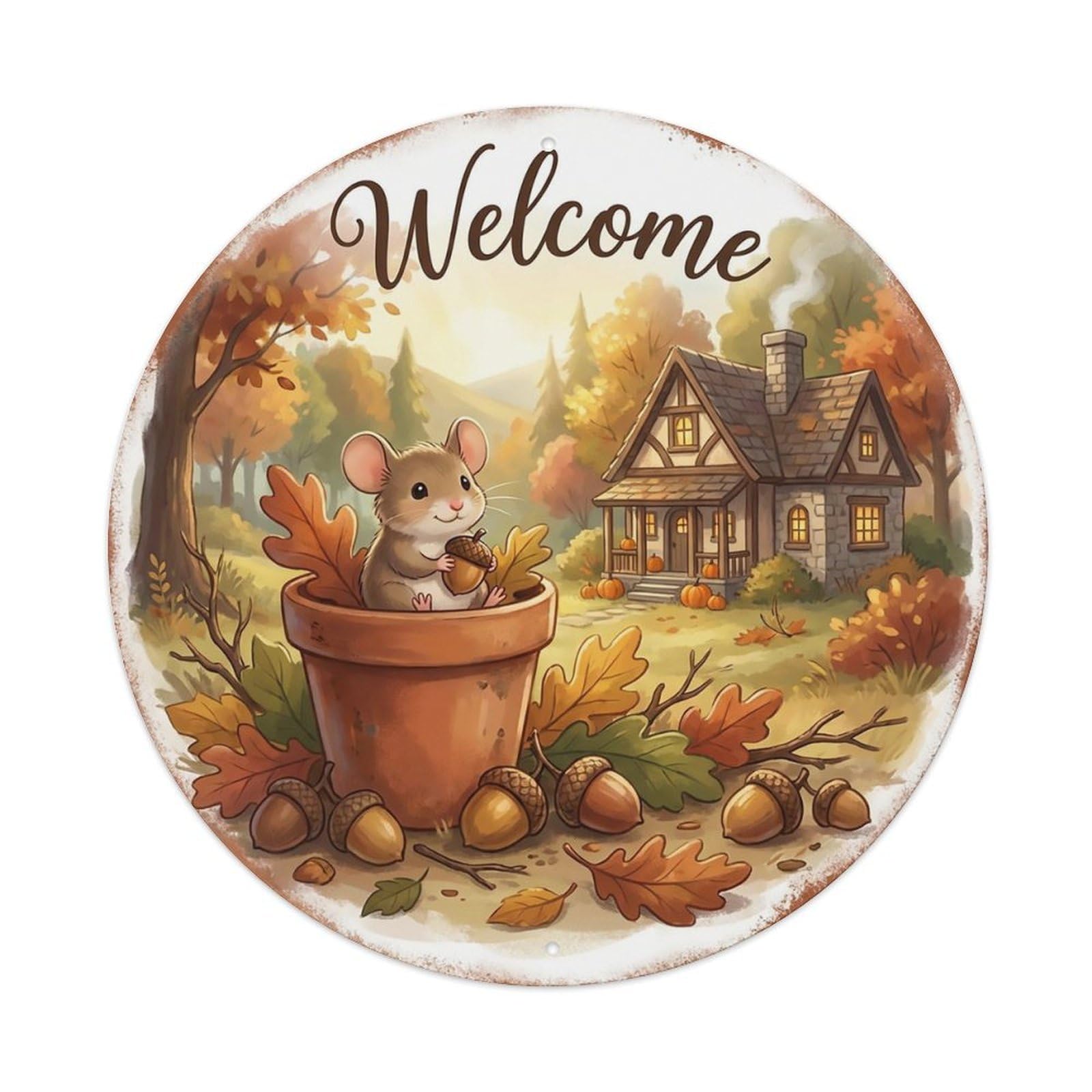 Welcome Mouse Acorn Cottage Metal Tin Sign