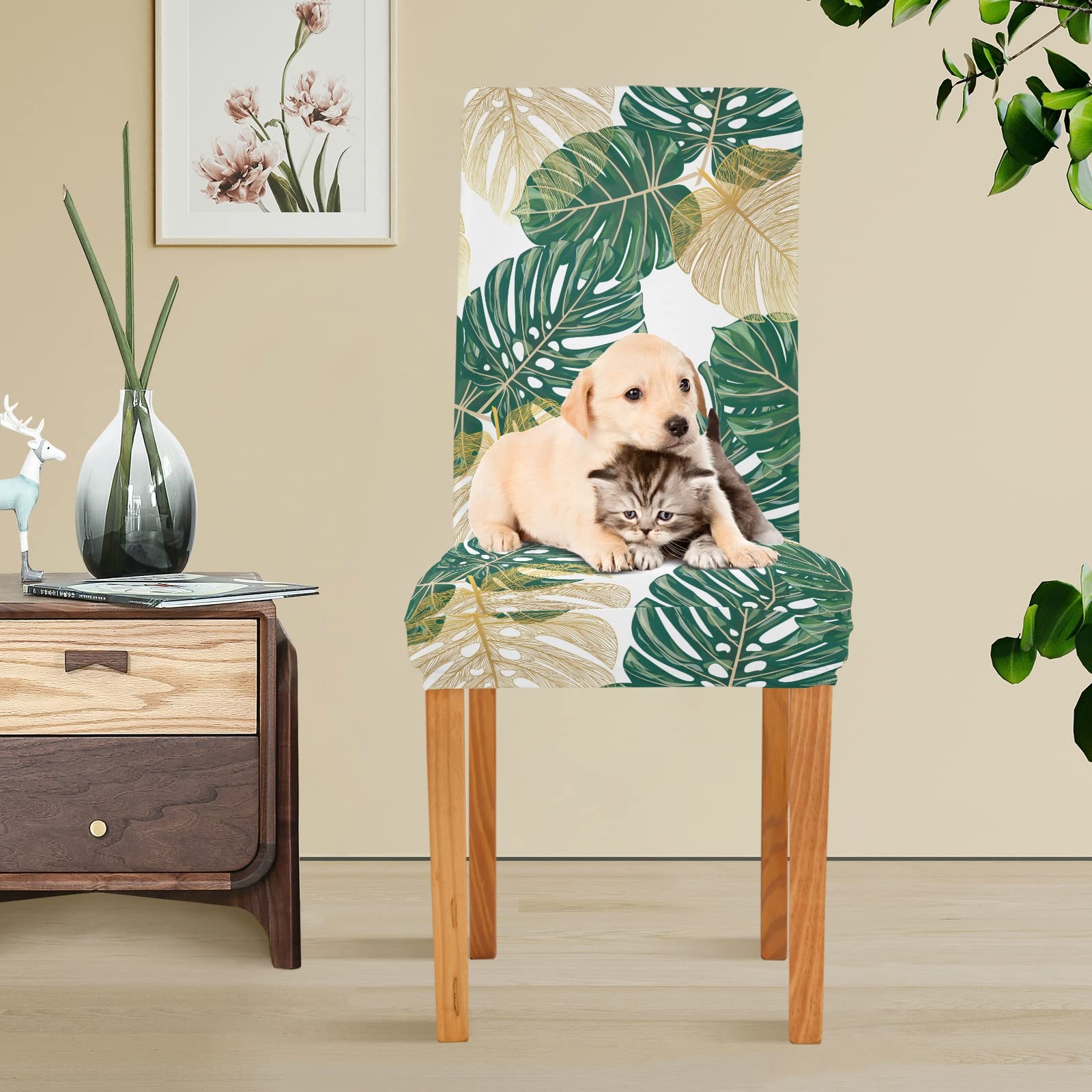 Highdi Housse de Chaise de Salle à Manger Extensible imprimé Feuilles de Palmier Moderne, Housse de Chaise Shell, Couverture de Chaise Lavable pour Cuisine, Salon, Bureau (Beige,6 Pieces