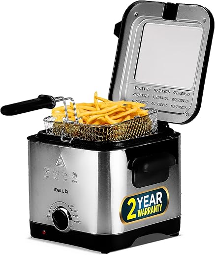 IBELL 1.5L Electric Deep Fryer Machine for Home 1500W, Compact and low oil consumption, Stainless Steel, Variable Temperature Control (Silver)