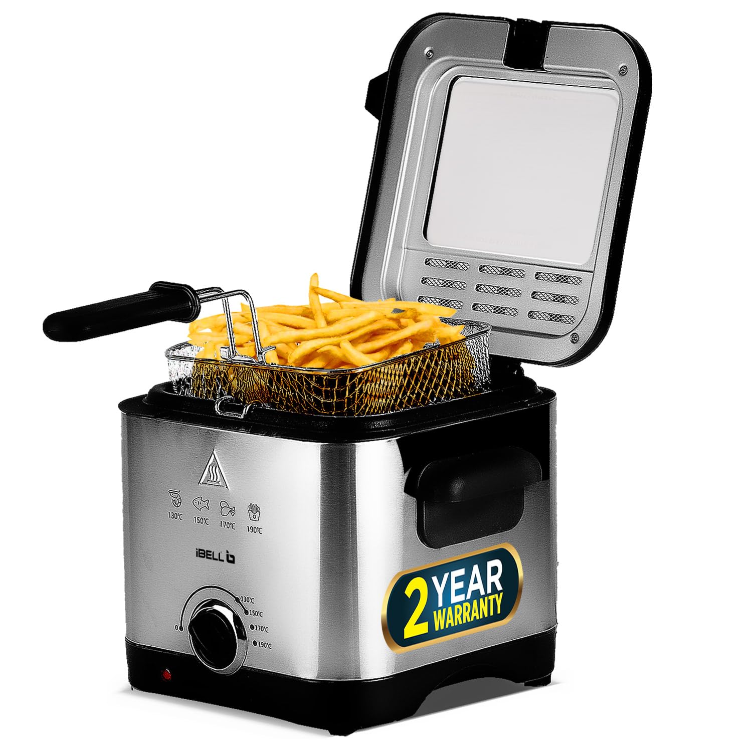 - IBELL 1.5L Electric Deep Fryer Machine for Home 1500W, Transparent Lid, low oil consumption, Stainless Steel, Temperature Control (Silver)
