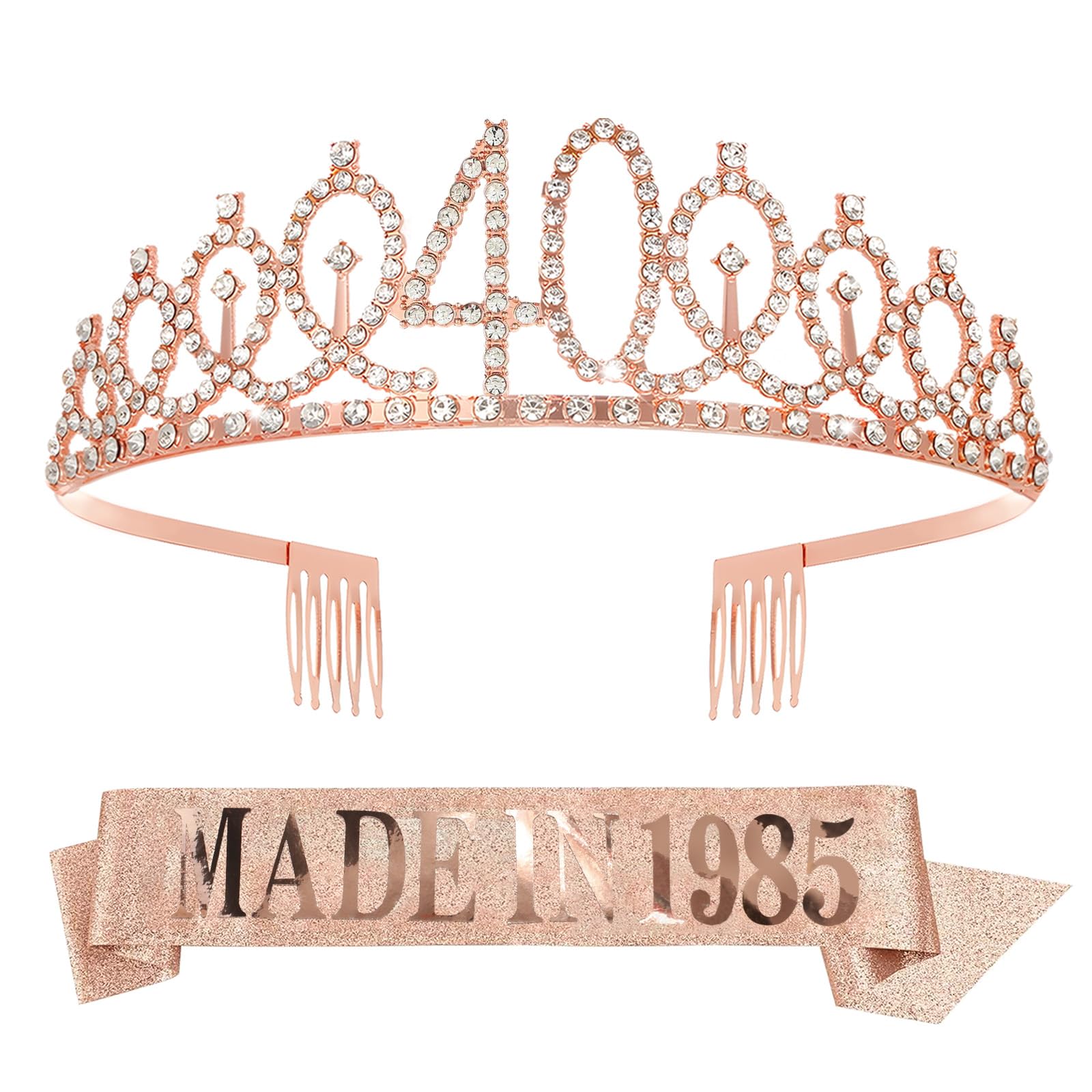 Rumia Rose Gold 40th Birthday Crown & Sash for Women - Glitter Rhinestone Tiara & Sash - 40th Birthday Gifts & Decorations