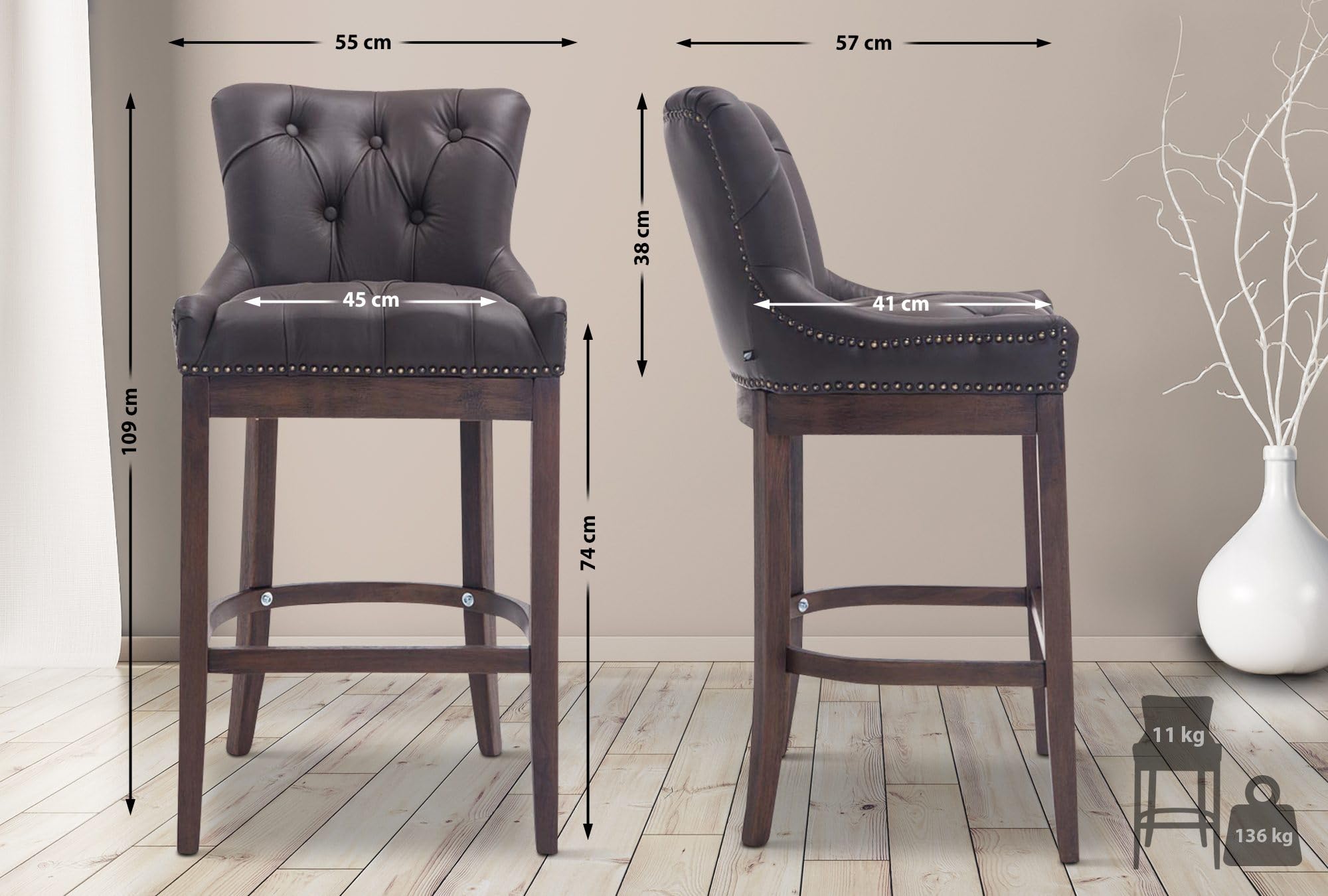 CLP Tabouret De Bar Lakewood Revętement Cuir Véritable I Sičge Bien Rembourré I Chaise Haute avec Pičtement A 4 Pieds Et Repose-Pieds en Bois, Couleur:Marron