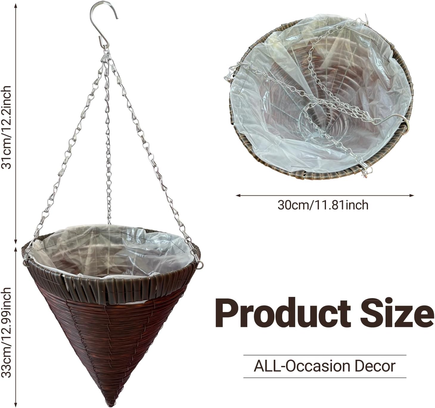 12 Inch Cone Shaped Hanging Baskets – Durable Cone Hanging Baskets for Plants Outdoor, Weather-Resistant Hanging Planters for Outdoor Plants with Chain Hooks and Liner (3 Pieces)