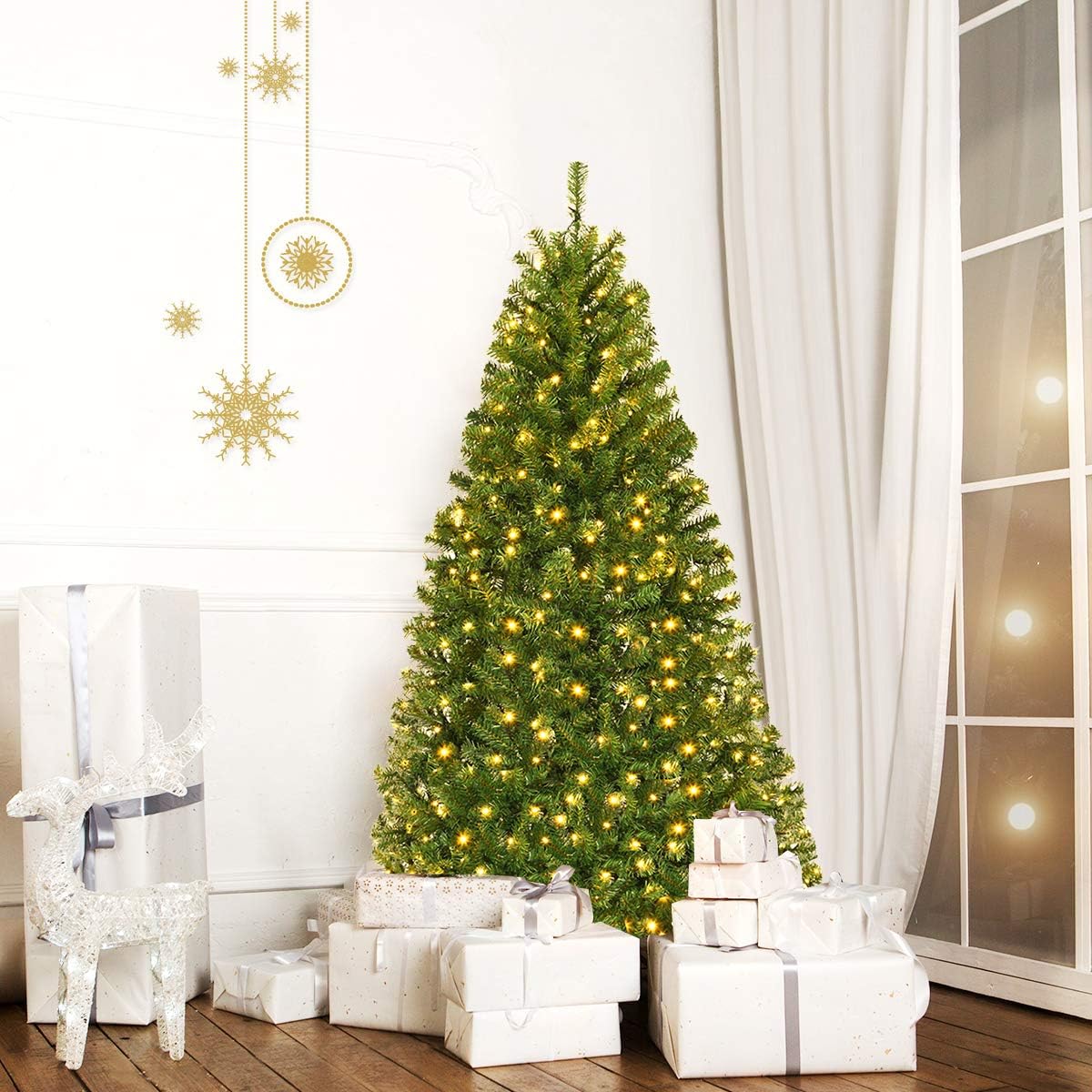 RELAX4LIFE Albero di Natale 180 cm, Artificiale Illuminato, Albero di Natale Illuminato in PVC, con Luce LED e Supporto in Metallo, Verde, Vari Dimensioni