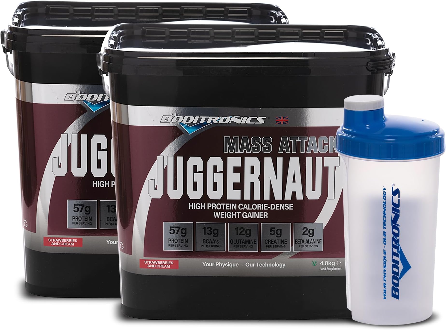 – Mass Attack Juggernaut Powder with FREE Shaker Weight Gainer Powder, All In One Muscle Mass Gainer, High Protein Powder 5g Creatine, BCAA, Glutamine and Beta Alanine (Strawberries & Cream)
