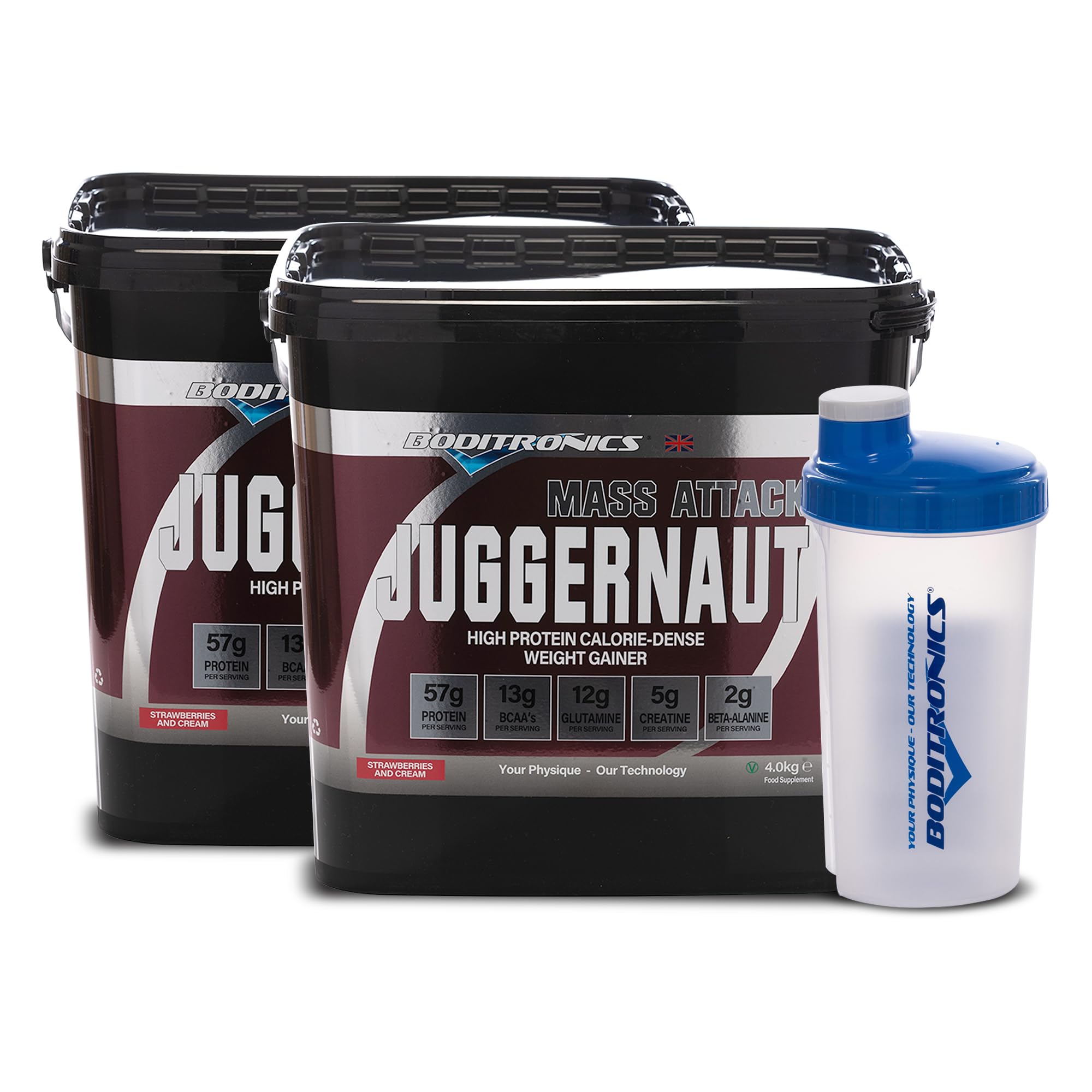 Mass Attack Juggernaut Powder with FREE Shaker Weight Gainer Powder, All In One Muscle Mass Gainer, High Protein Powder 5g Creatine, BCAA, Glutamine and Beta Alanine (Strawberries & Cream)