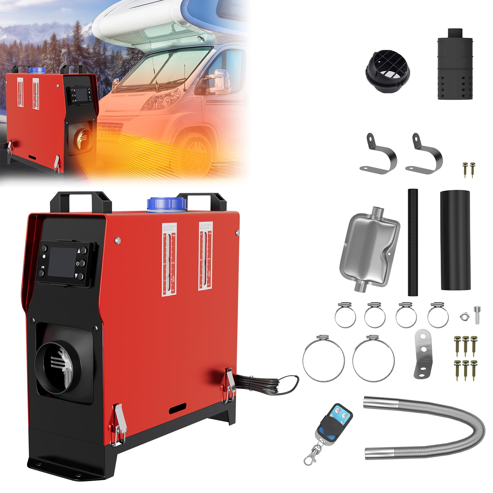 LARS360 Riscaldamento da pavimento diesel per auto, 12 V, 5000 W, riscaldatore ad aria diesel con interruttore LCD, riscaldamento ad aria per auto, camper, camion, camper, autobus (rosso e nero)