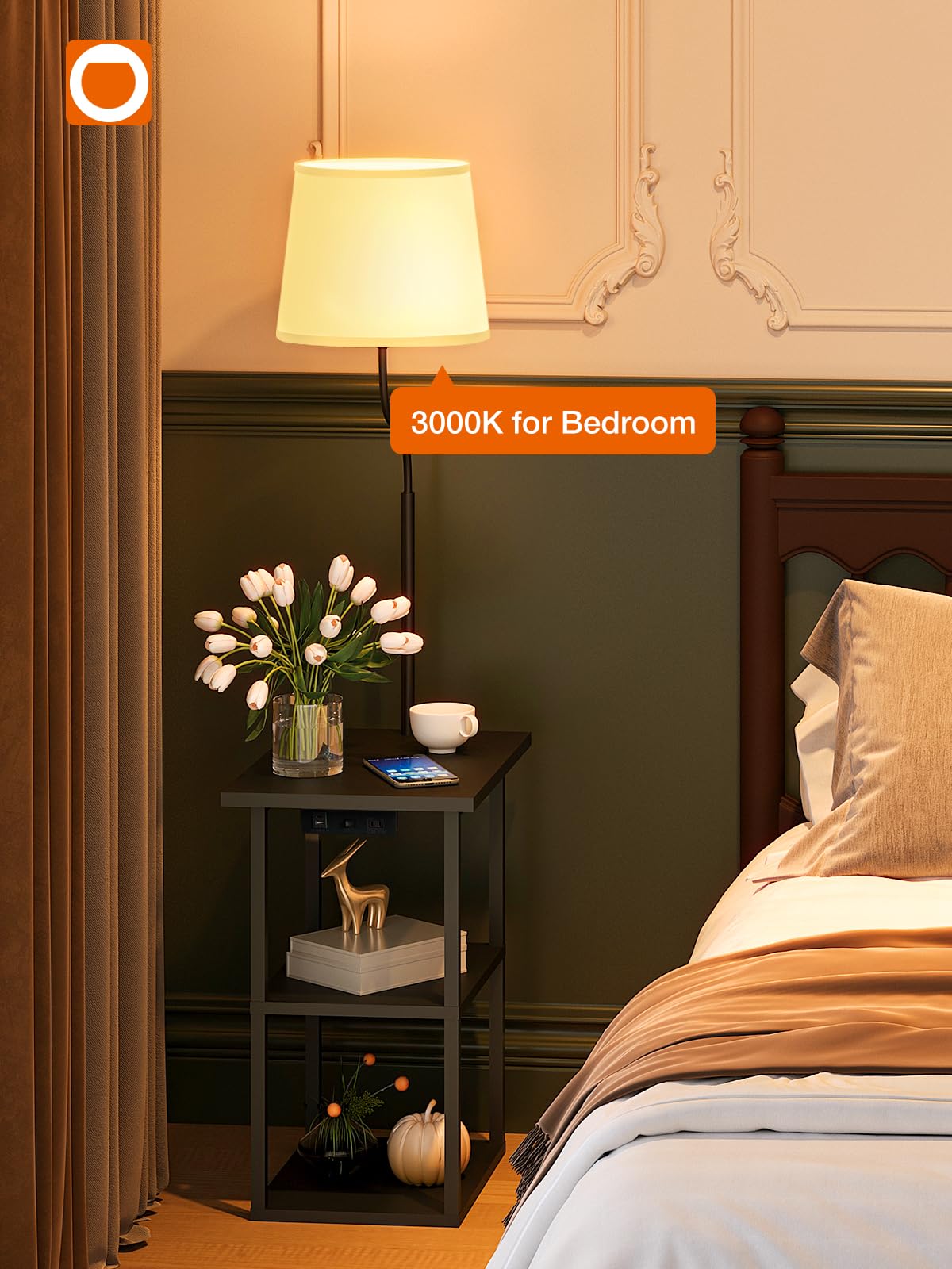 addlon End Table lamp with Charging Station (2 USB & 1 Port), Floor lamp with Table Includes 3 Color temperatures led Bulb, Shelf Floor Lamps for Living Room, Bedroom - Black