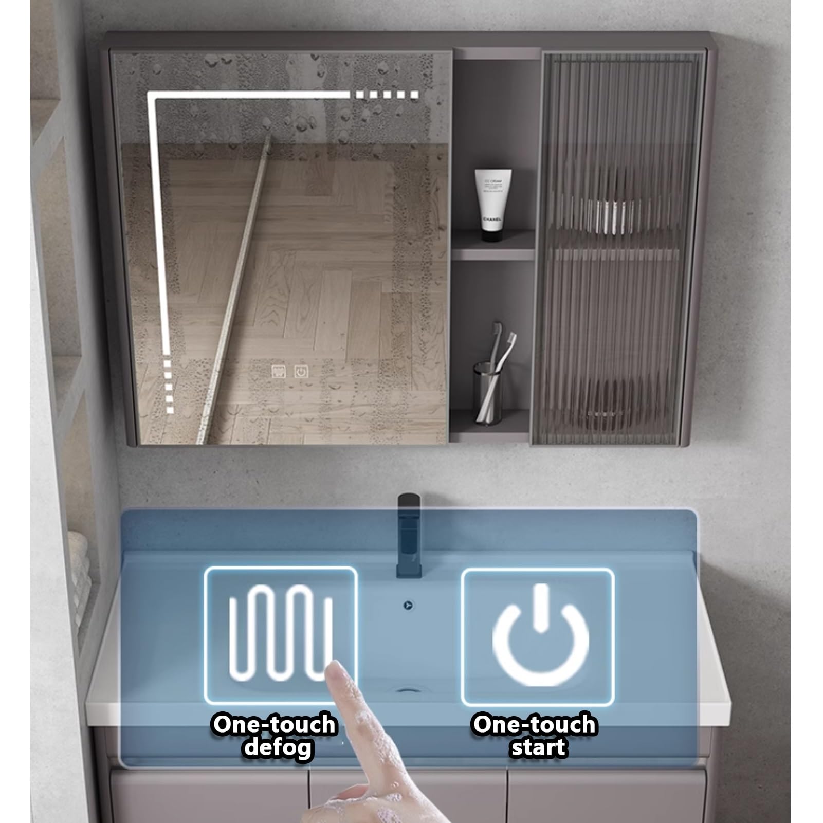 Armadietto da bagno con specchio a LED da incasso, moderno con luci dimmerabili, funzione antiappannamento e contenitore, design elegante e funzionale per bagni contemporanei