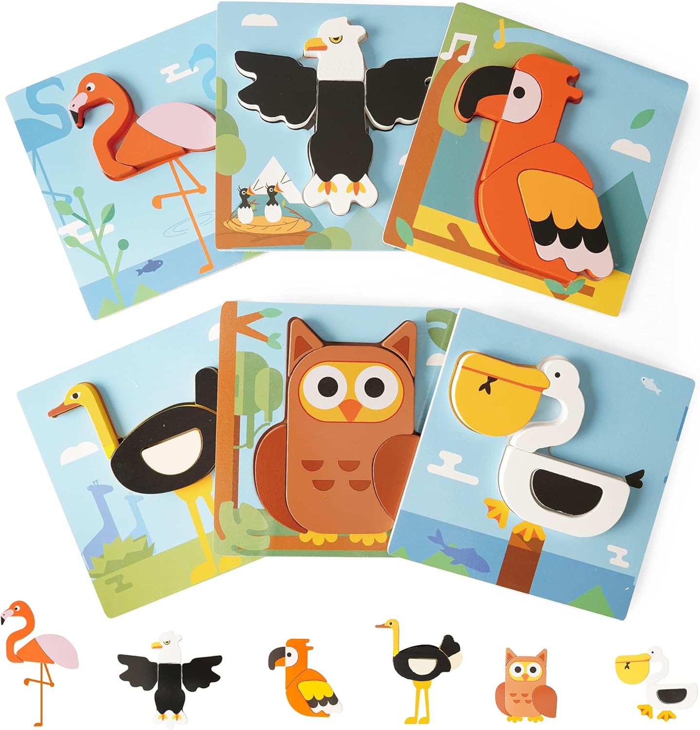 KIPPTO Wooden Toddler Puzzles Pack of 6 Birds PuzzlesBald