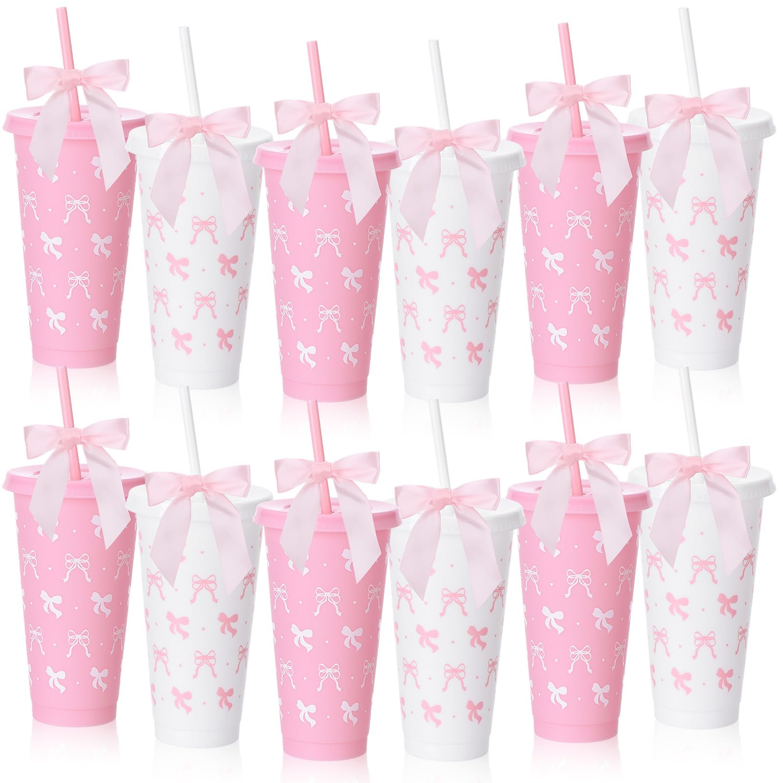 12Pcs Pink Bow Plastic Cups with Lid Straw 24 OZ White Reusable for Women