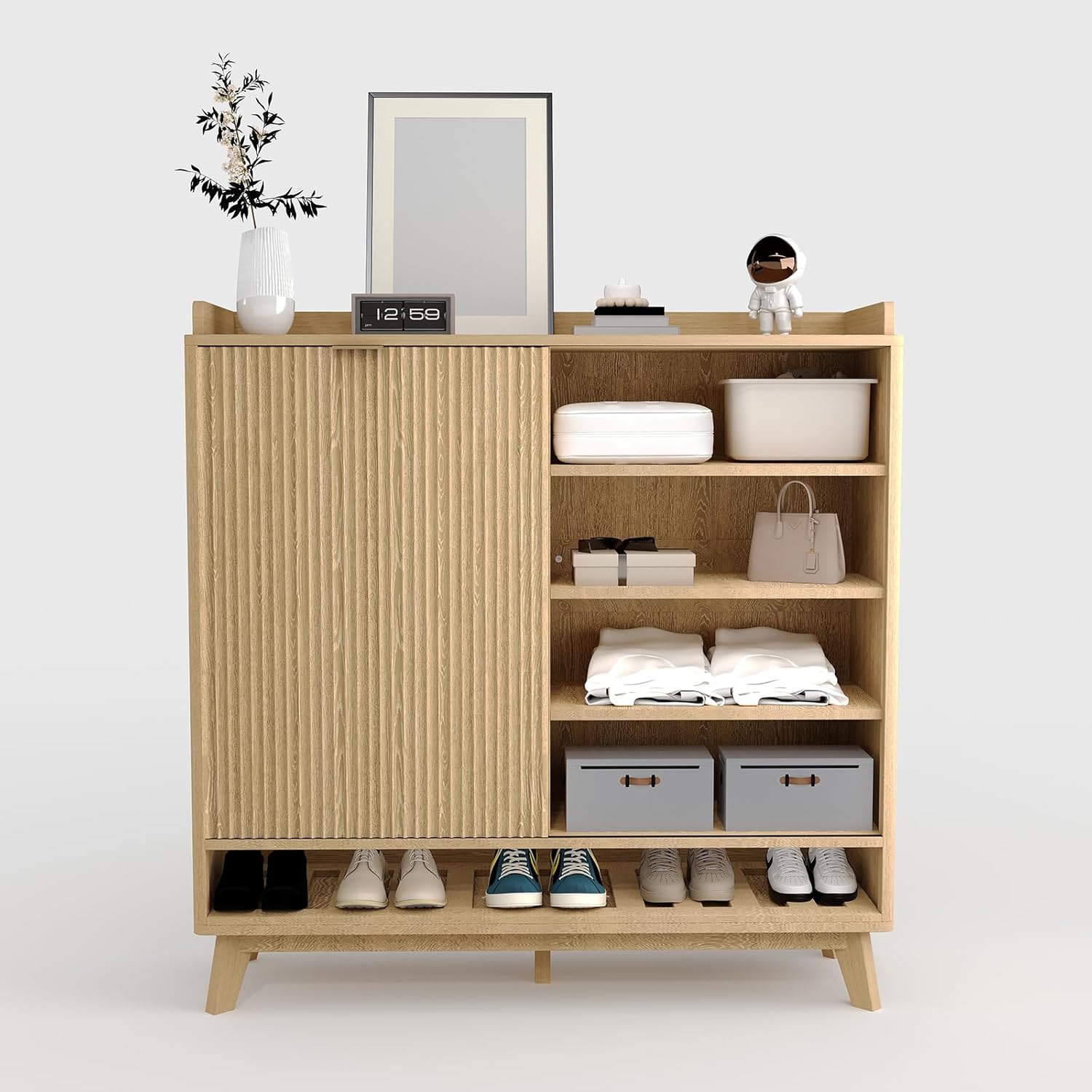 IDEALHOUSE Fluted Shoe Cabinet Storage with 2 Flip Drawers & Sliding Door & Adjustable Shelf Rack，Freestanding Wood Narrow Hidden Shoe Organizer for Entryway, Hallway, Living Room