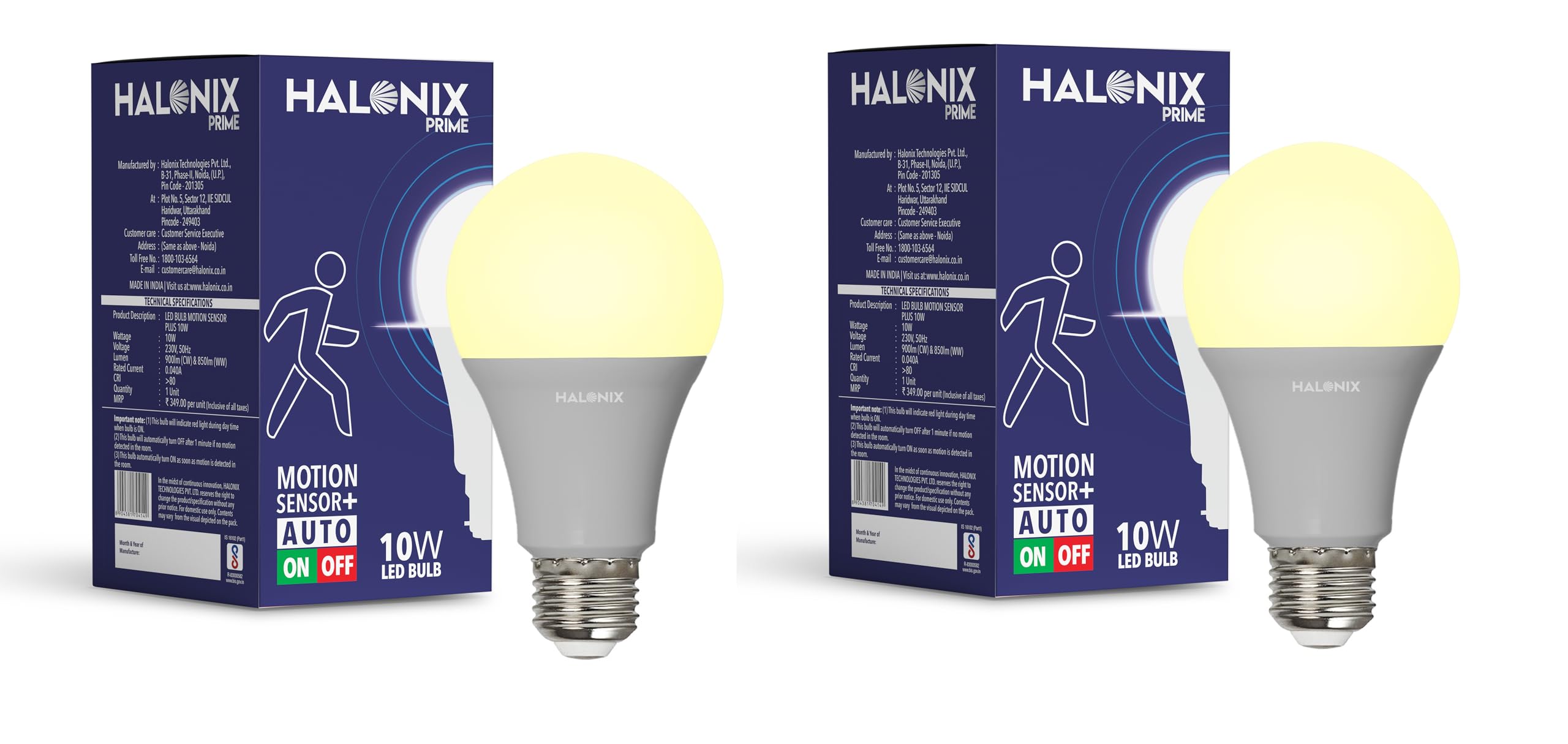 Halonix 10W Motion Sensor Led bulb | Color-Warm White Yellow | Auto on- Auto Off light | Motion sensor light | Pack of 2 | Base-E27 Screw Type| Covers Upto 15 Feet Area|