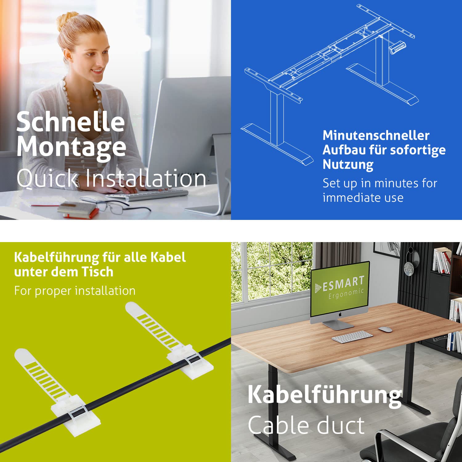 ESMART EZX-132BM 160 x 80 cm Arredamento in acero Ergonomischer Steh-Sitz-Schreibtisch Stufenlos elektrisch höhenverstellbar 60,5-125,5 cm Aktivitätserinnerung Schnelle Montage