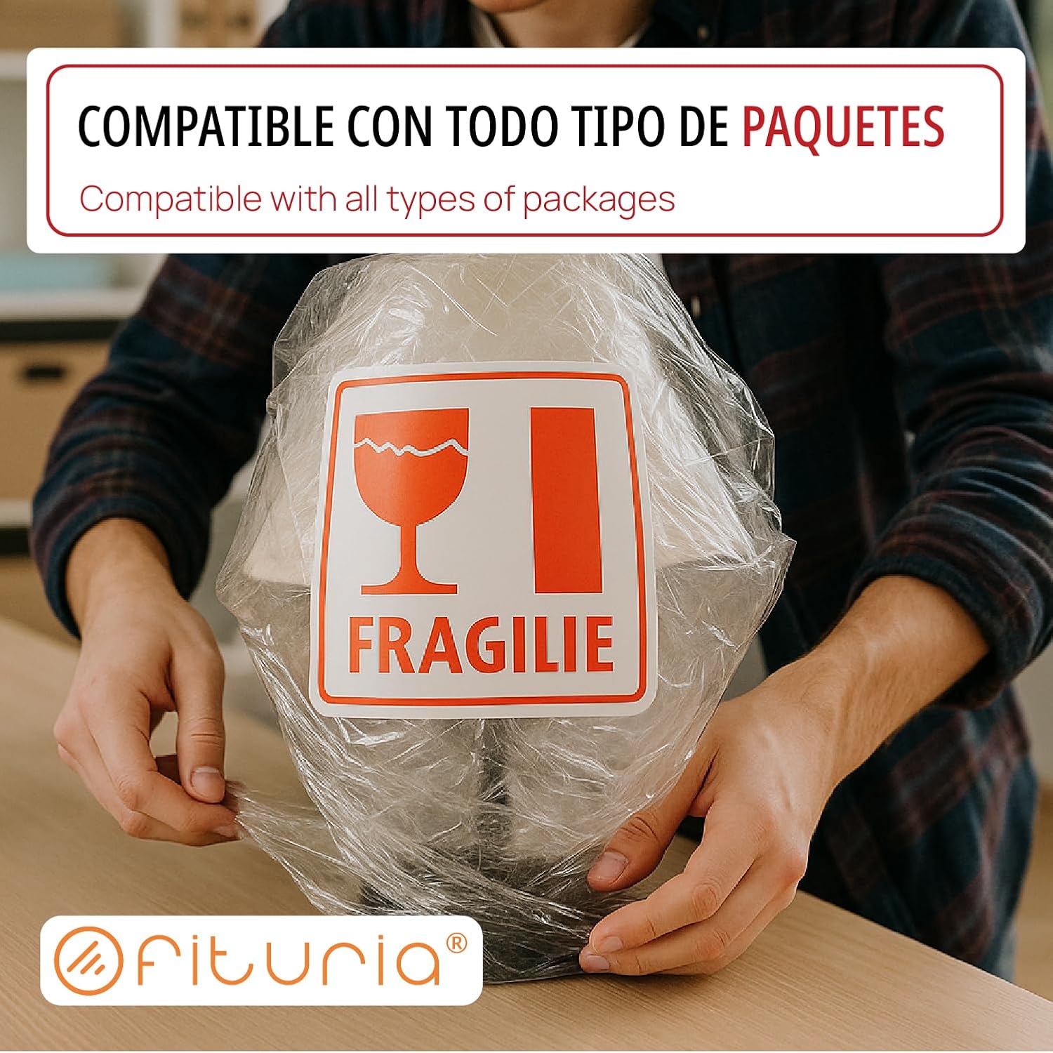 OFITURIA Fragile Labels 4 x 4 Inch (101 x 101 mm) - Roll 300 Pieces | Caution Fragile Stickers | Package Stickers for Shipping, Packaging Labels, Logistics Warehouse