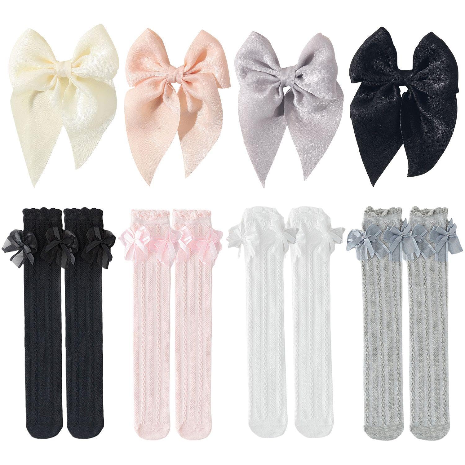 Rnfksu Unisex Kids White 4 Pairs Of Girls' Bow Socks And 4 Hairpins, Summer Breathable Baby Over-The-Knee Socks, Fashionable Soft Princess Socks, Sweet And Cute Hair Accessories, Baby Daily Wear Matching Pieces.