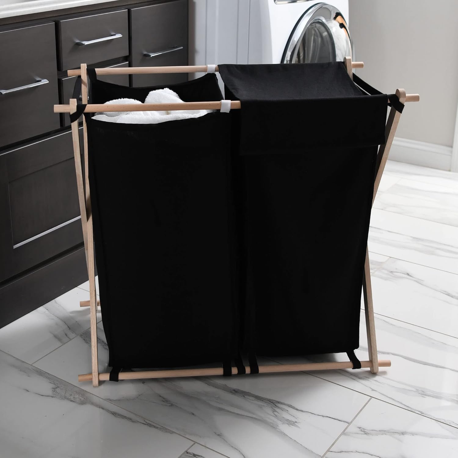 Household Essentials X-Frame Wood Laundry Sorter, Collapsible Wood Frame with Washable Poly-Cotton Bags, Naturally Stylish Large