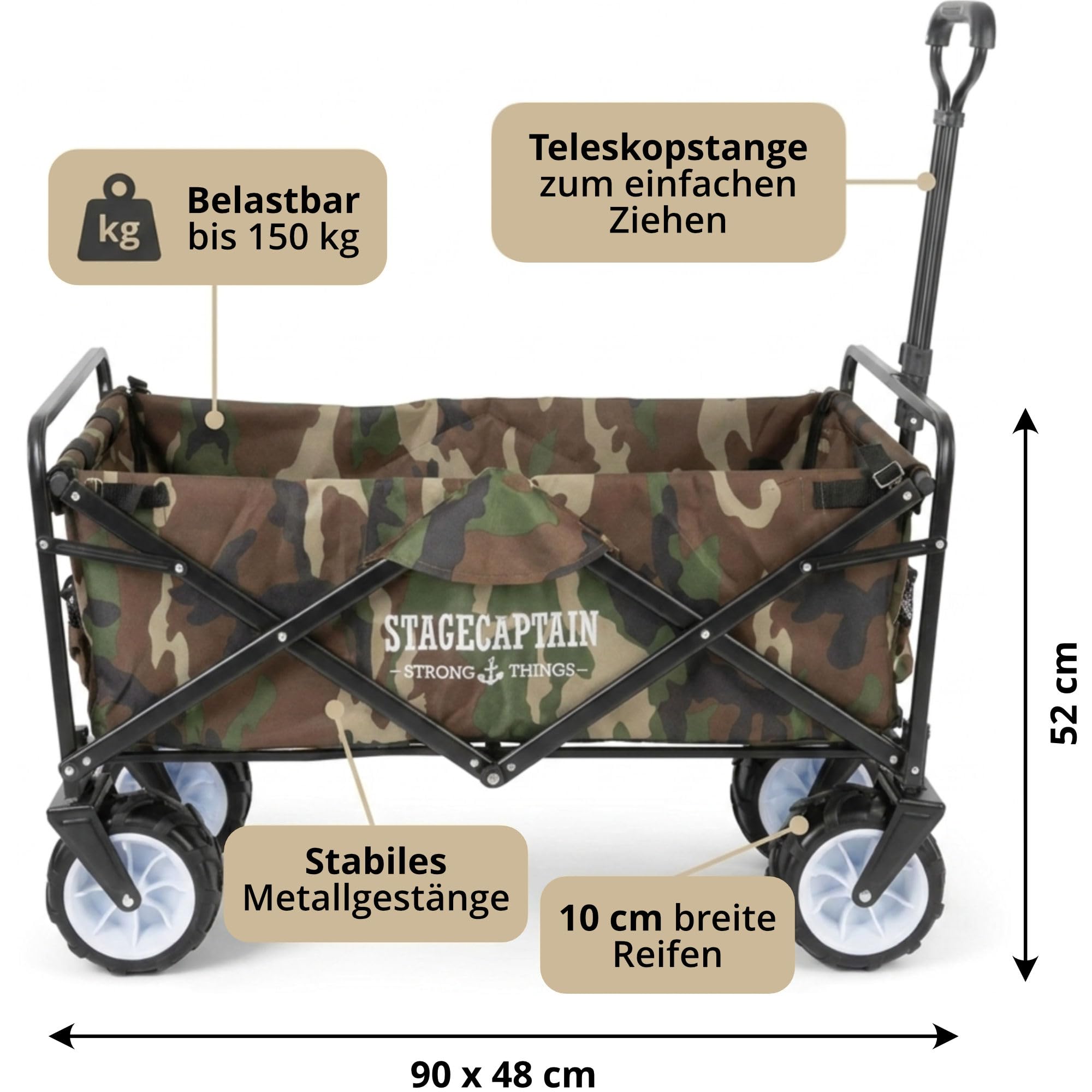 Stagecaptain BW-907 CA Bollerwagen faltbar, Camouflage | 150 kg Traglast, breite freidrehende Reifen, 600D x 300D Polyester, faltbares Metallgestell, 2 Außentaschen