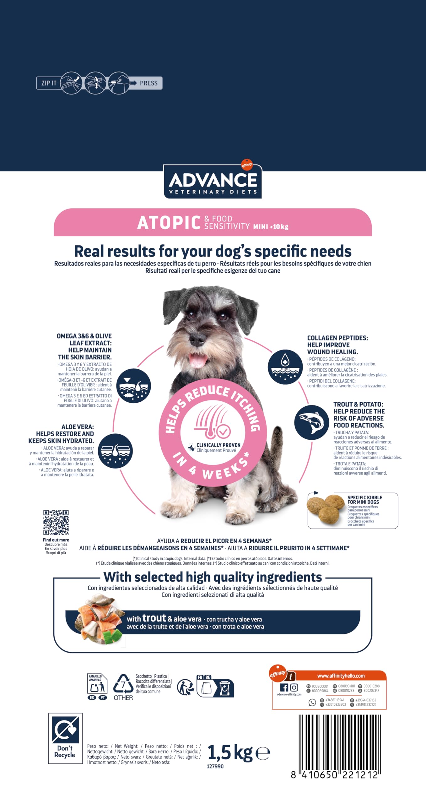 Advance Veterinary Diets Atopic Mini Cibo per Cani con Dermatite Atopica Trota 1,5kg