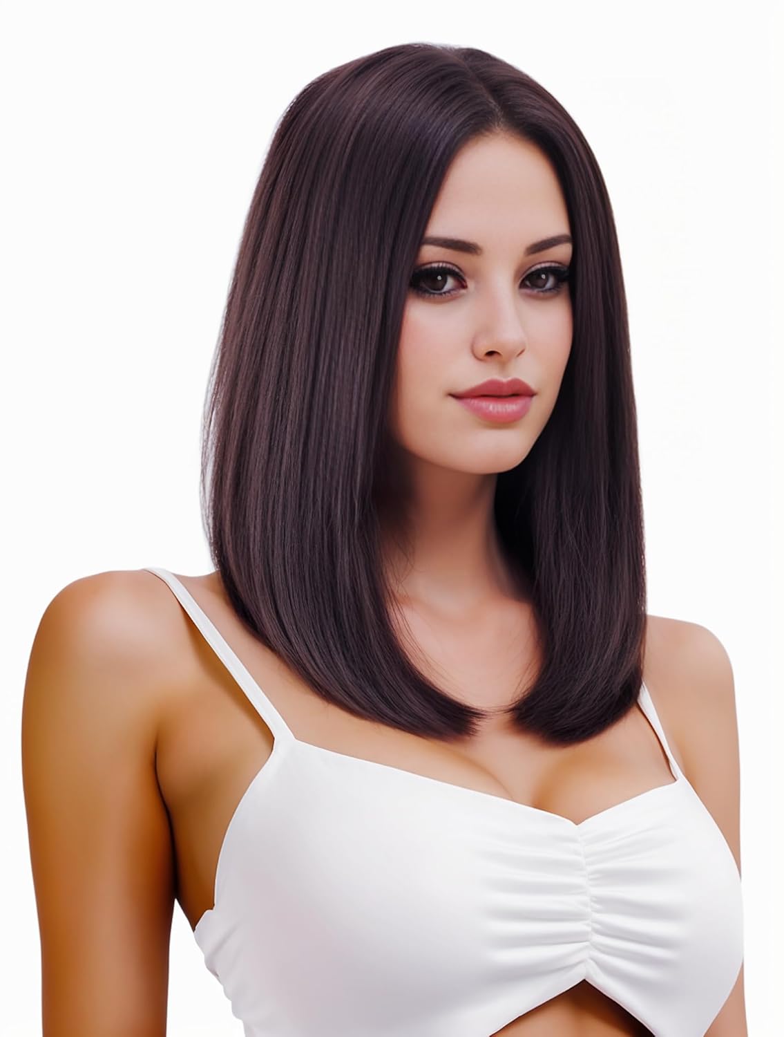 Rugelyss Chestnut Brown Bob Wigs for Women Short Straight Brunetee Wig with No Bangs 14 Inch Heat Resistant Synthetic Wig with Middle Part for Daily or Party and Halloween Costume