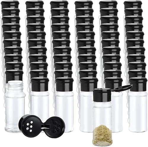 Miniatura 1 de Voittozege 50 tarros de especias de plástico con tapas de coctelera, tarros de especias para condimentos de 3.3 onzas líquidas, tarros de plástico