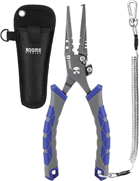 Booms Fishing Multi-Function Pliers Saltwater 8.5" Carbon Steel Saltwater Fishing Pliers with Hook Remover, Split Ring Tool, Braid Cutters & Crimper for Freshwater & Saltwater Anglers, XW12