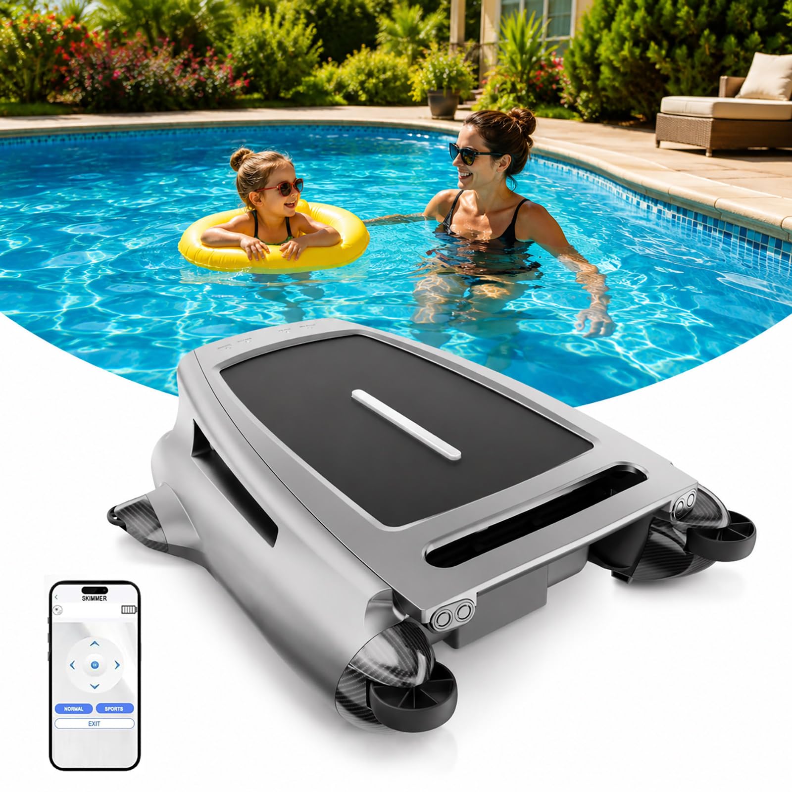 HCAUYNN Pool Skimmer Robot Cleaner, Robotic Pool Skimmer for Leaves & Debris, APP & Remote, Suitable for Most Swimming Pools