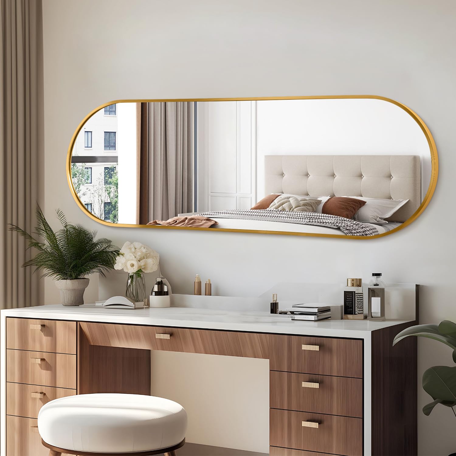 Espejo ovalado dorado de longitud completa, 120 x 40 cm, pared oblongo en forma de píldora, marco de aluminio y metal, decorativo para sala de estar, tocador